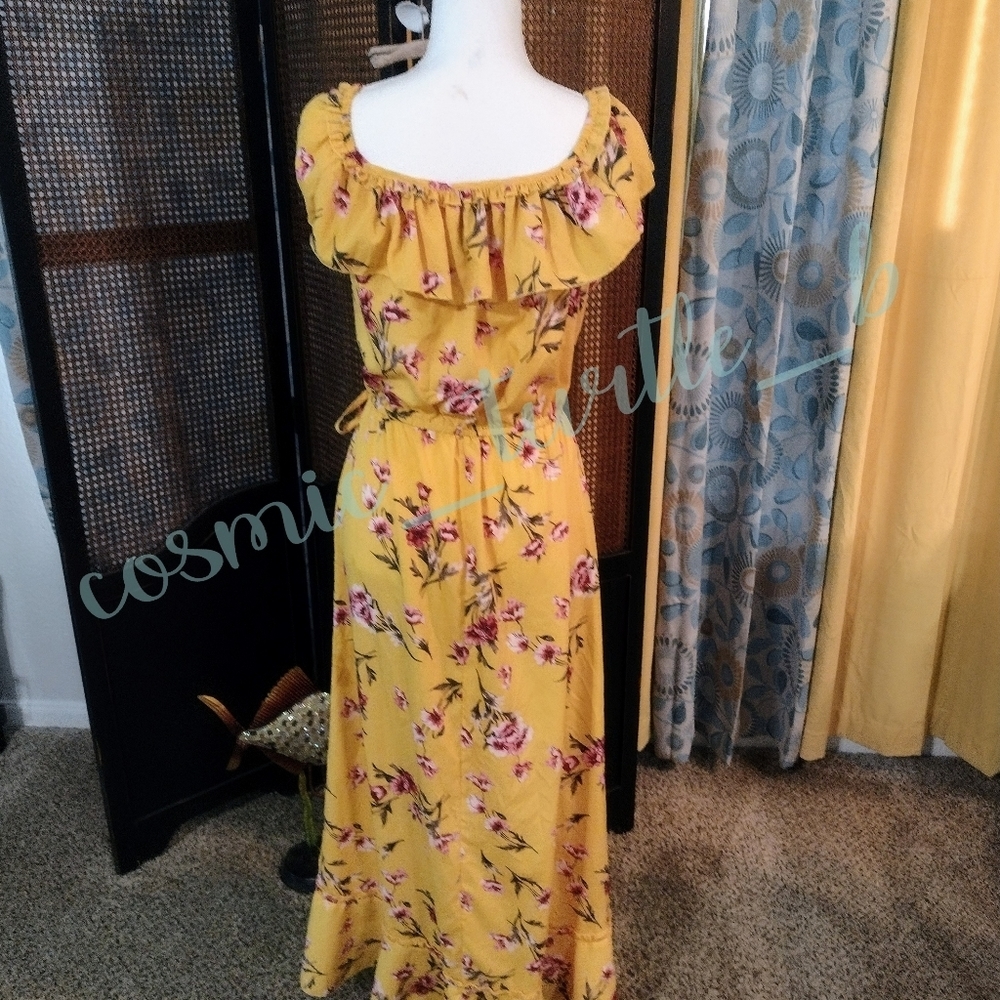 𝅺Vibrant Floral Flutter Sleeve Hi Low Maxi Flower Dress - Picture 4 of 12